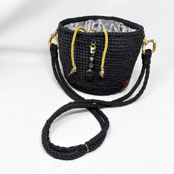 Saeli Handbags - Saeli Handmade Crochet Bucket Bag Charcoal Gray Drawstring Satin Lined Beaded